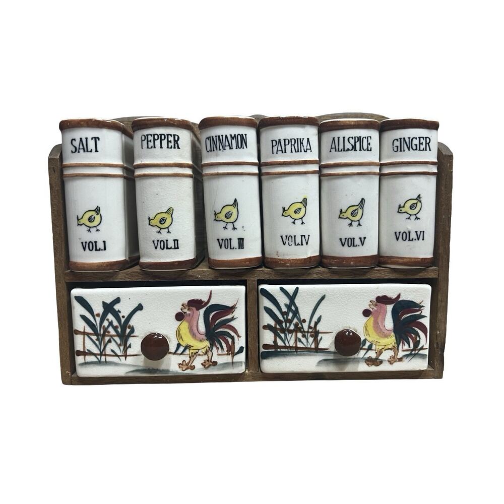 Vintage Wall Hanging Spice Set Chick Rooster Wood Rack Fred Roberts Japan